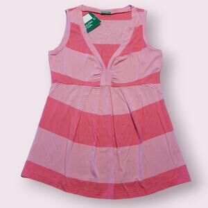 Benetton Pink Stripe Deep V Peplum Top XS NWT Prep Cottagecore Romantic Coastal